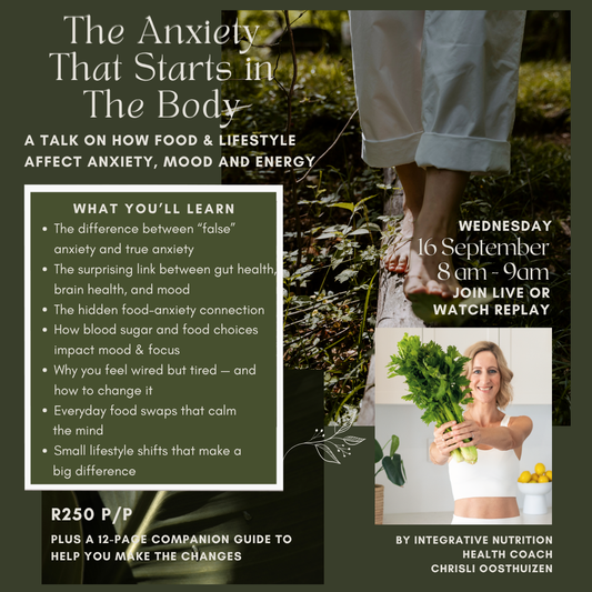 The Anxiety That Starts in the Body, an online talk with Chrisli Oosthuizen, Wednesday 16 September, live or replay, R250